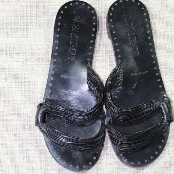 Jil Sander Simple Black Multi-strand Leather Slides - Picture 1 of 5